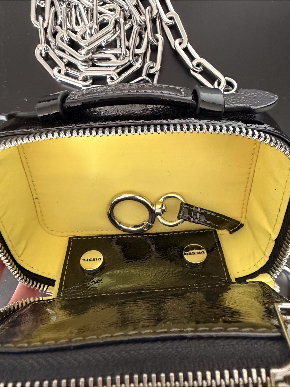 Diesel Black Patent Leather Mini Crossbody Wallet with Silver Chain - Picture 3 of 4